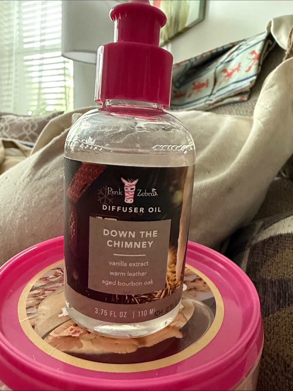 Pink Zebra Diffuser Down The Chimney in Clear Bottle with Pink Cap